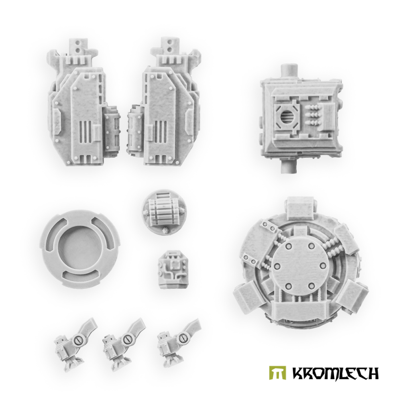 Twin Heavy Thunder Gun sentry gun parts in pale grey resin: gun pods, turret body, turret ring, base and legs