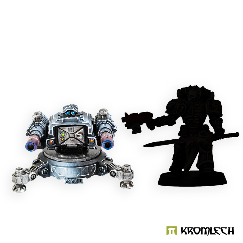 Painted Twin Lascannon sentry gun beside a black figure silhouette for scale