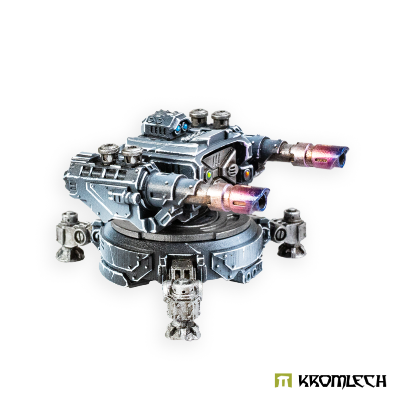 Kromlech Legionary Sentry Gun with Twin Lascannons painted steel blue, glowing barrel tips, front view