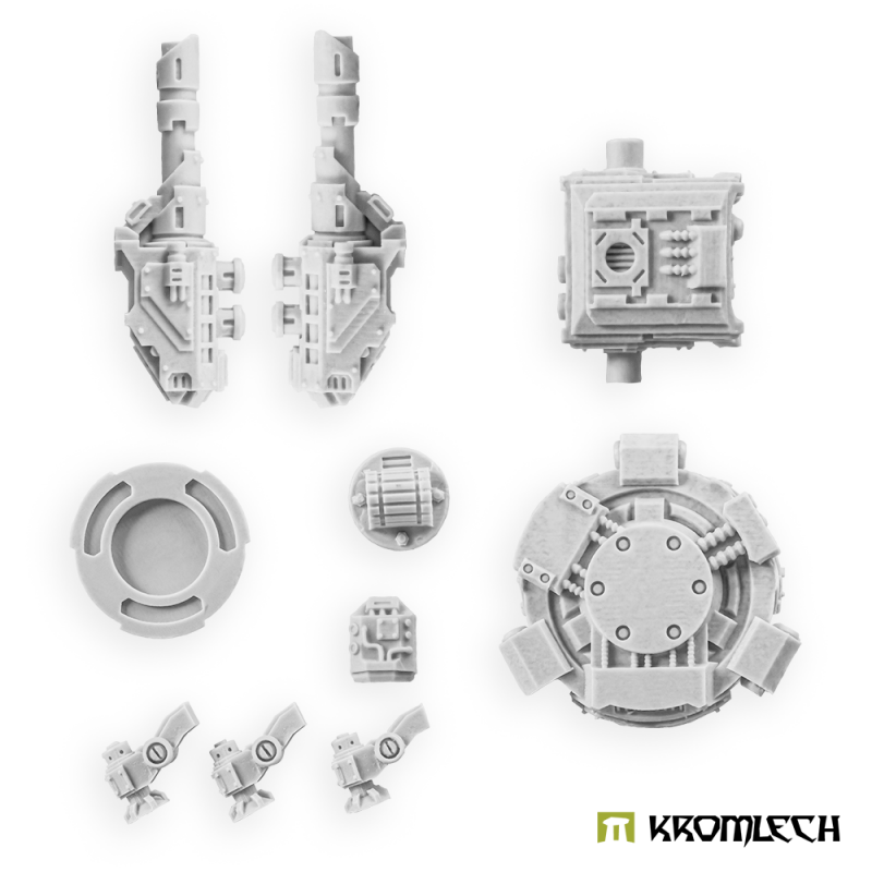 Twin Lascannon sentry gun parts in pale grey resin: lascannons, turret body, turret ring, base and legs