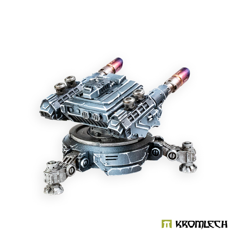 Painted Twin Lascannon sentry gun from the side, both long barrels raised