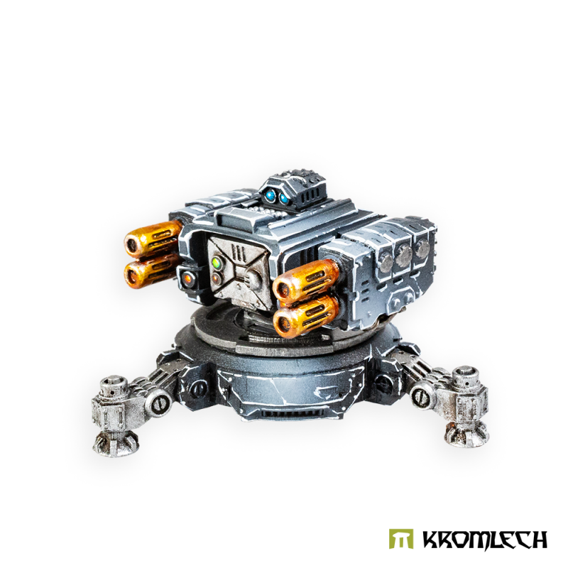 Kromlech Legionary Sentry Gun with Twin Magma Cannons painted steel blue, gold muzzles, three-quarter view