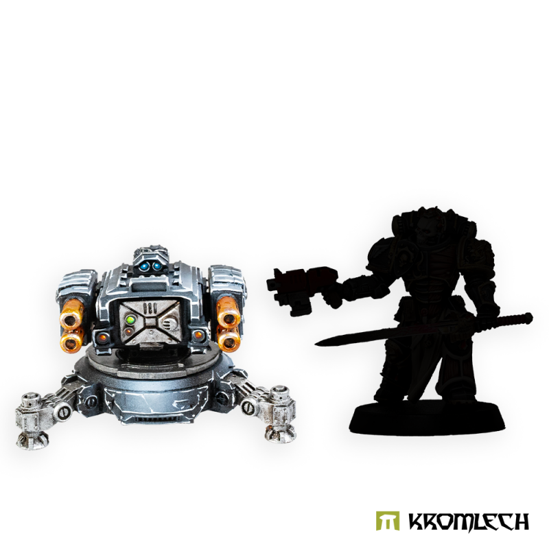 Painted Twin Magma Cannon sentry gun beside a black figure silhouette for scale
