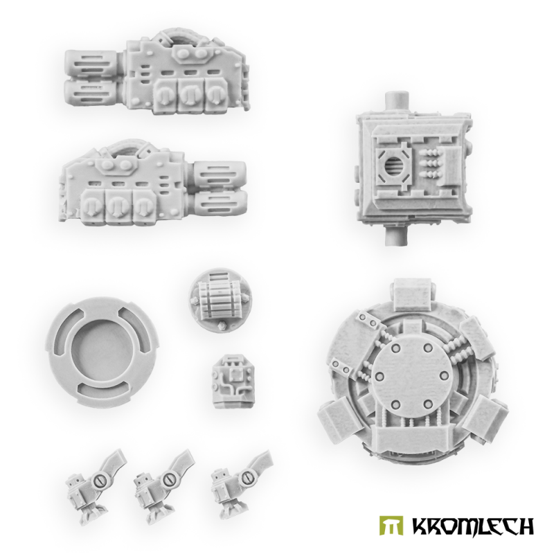 Twin Magma Cannon sentry gun parts in pale grey resin: cannon pods, turret, ring, mount and legs