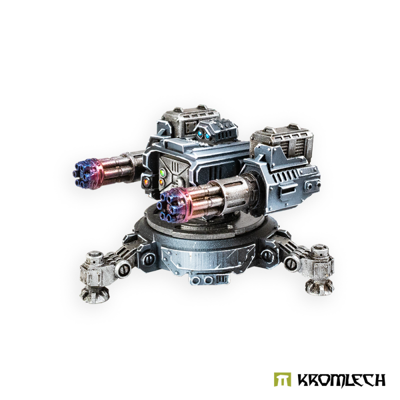 Kromlech Legionary Sentry Gun with Twin Miniguns painted steel blue, purple-tinted barrels, three-quarter view