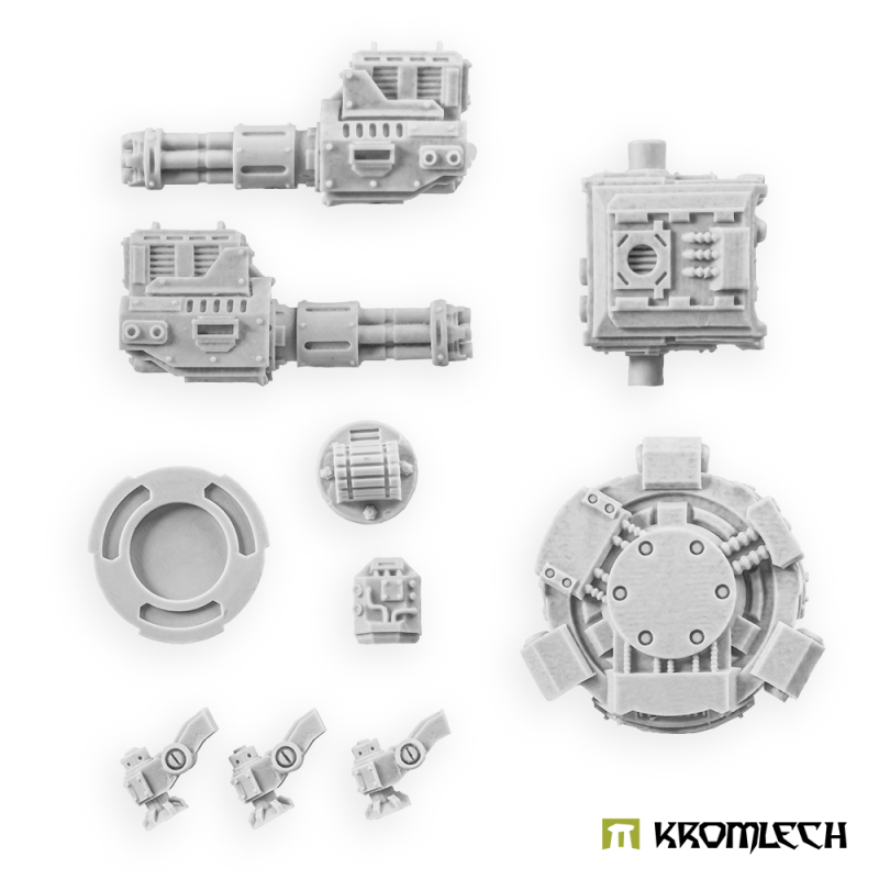 Twin Minigun sentry gun parts in pale grey resin: minigun pods, turret, ring, mount and legs