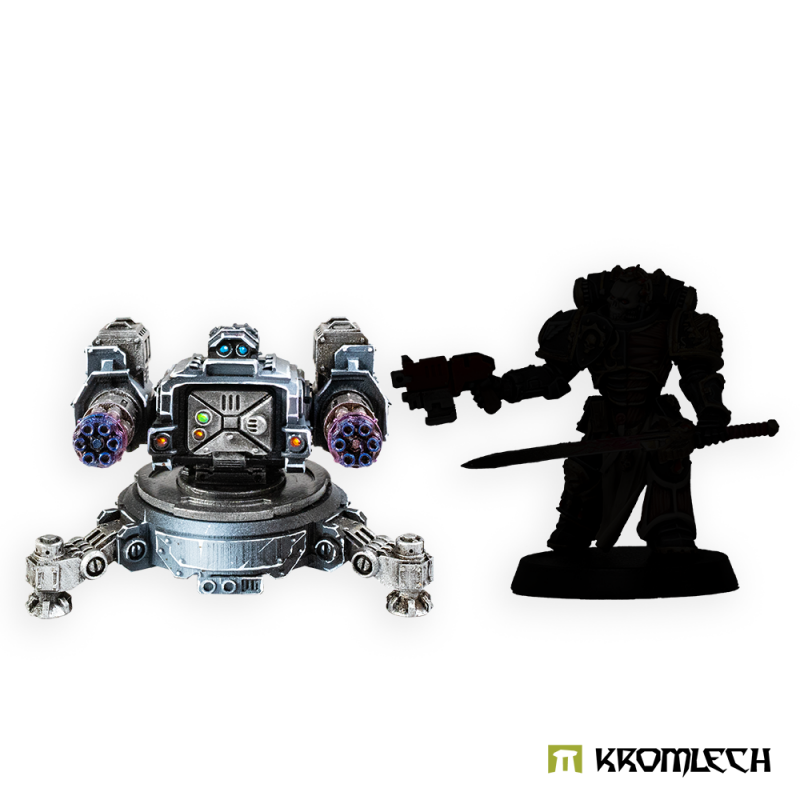 Painted Twin Minigun sentry gun head-on beside a black figure silhouette for scale