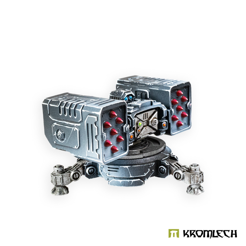 Kromlech Legionary Sentry Gun with Twin Missile Launchers painted steel blue, red missile tips
