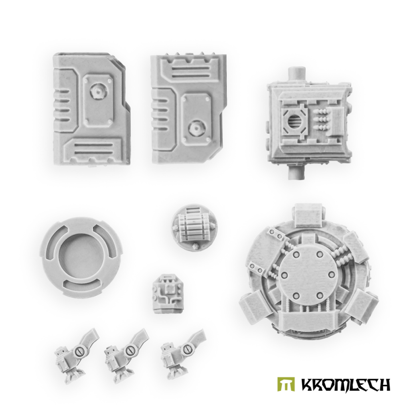 Twin Missile Launcher sentry gun parts in pale grey resin: launcher boxes, turret, ring, mount and legs