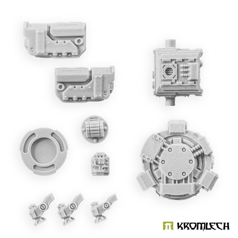 Twin Searchlight sentry gun parts in pale grey resin: lamp housings, turret, ring, mount and legs