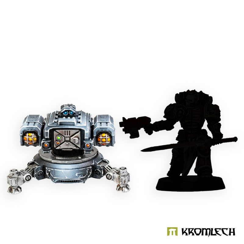 Painted Twin Searchlight sentry gun beside a black figure silhouette for scale