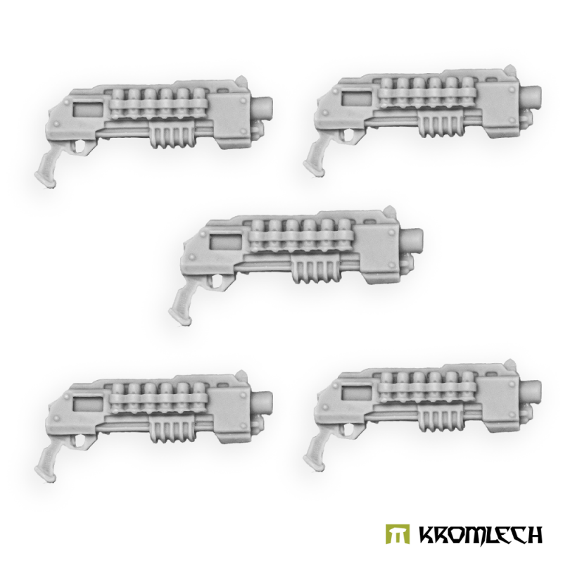 Five Kromlech Legionary shotguns in pale grey resin, laid out in three rows