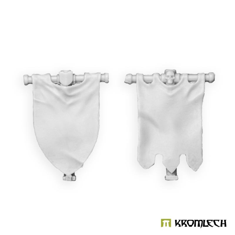 Two Kromlech Legionary small banners in pale resin: a pointed cloth and a notched cloth under a skull
