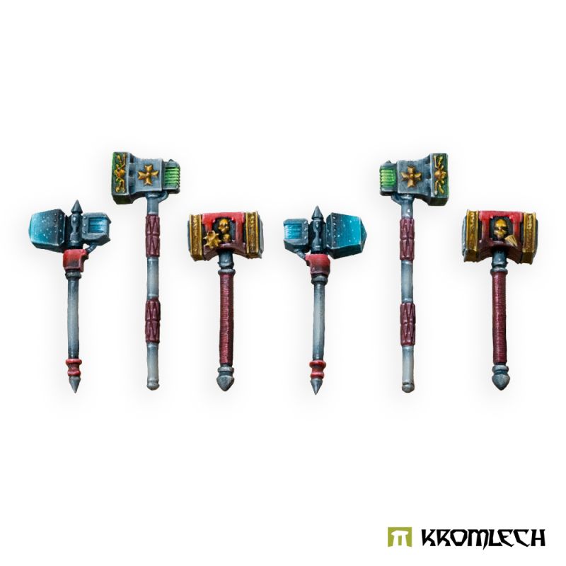 Kromlech Legionary smash hammers painted: six hammers in blue, green and red, two of each design