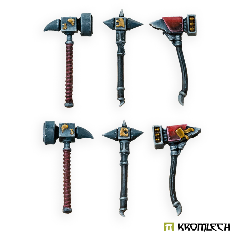 The six Legionary spike hammers painted, with red-wrapped and dark hafts and gold details