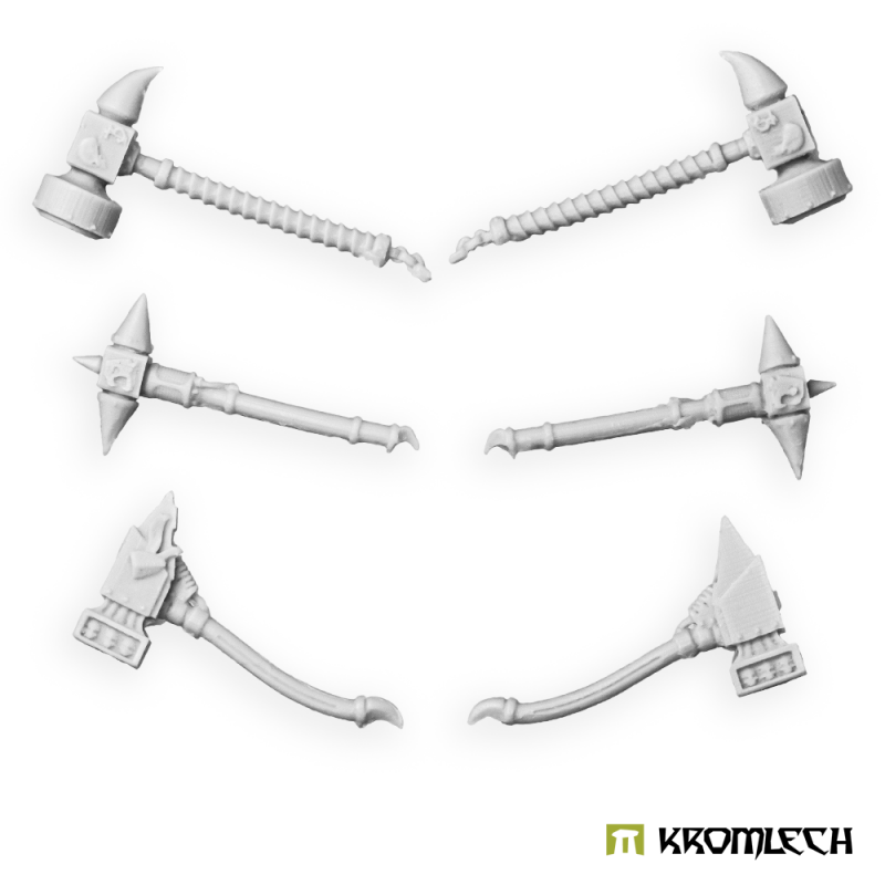Six Kromlech Legionary spike hammers in pale resin, three patterns in facing pairs
