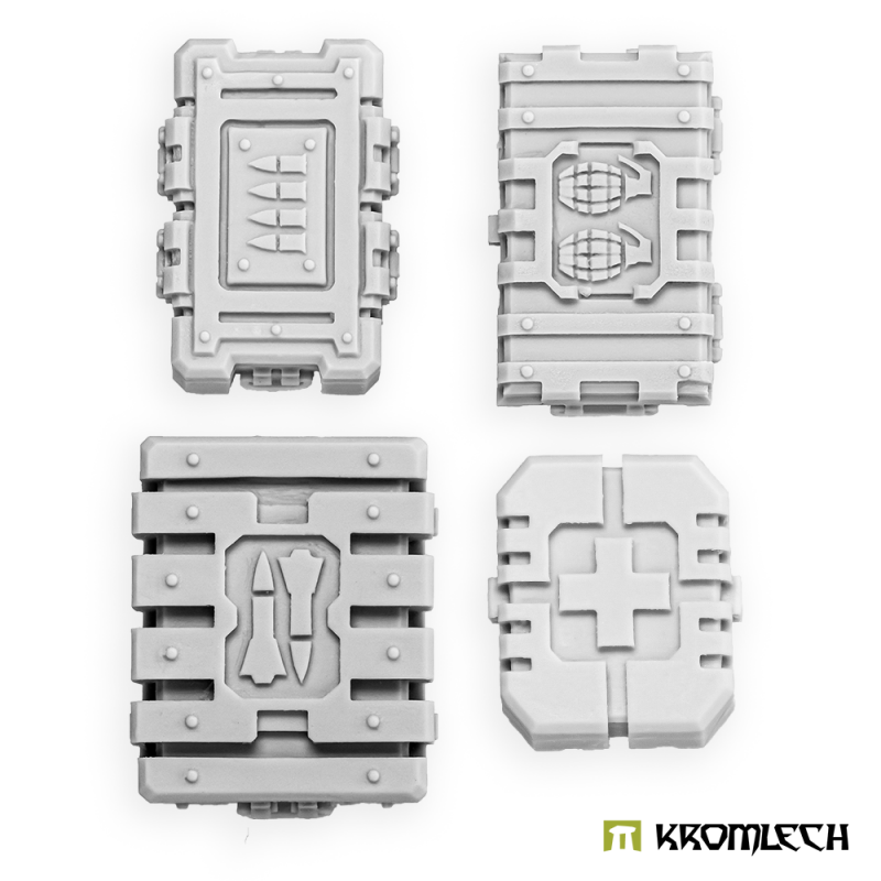 Kromlech Legionary Supply Boxes in pale resin from above: rocket, ammunition, grenade and medkit lids
