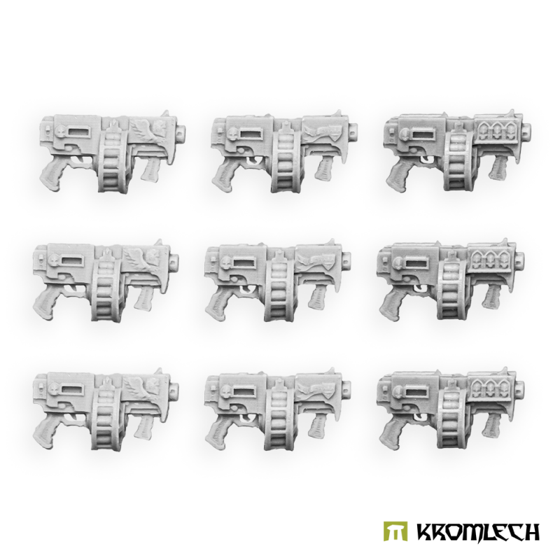 Nine Kromlech Legionary Thunder Gun Mk1 rifles in pale resin, three rows of three