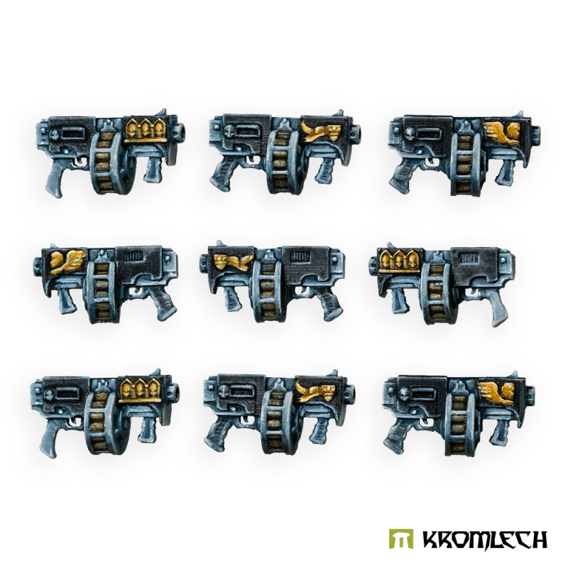 The nine Legionary Thunder Gun Mk1 rifles painted dark metal with gold decoration