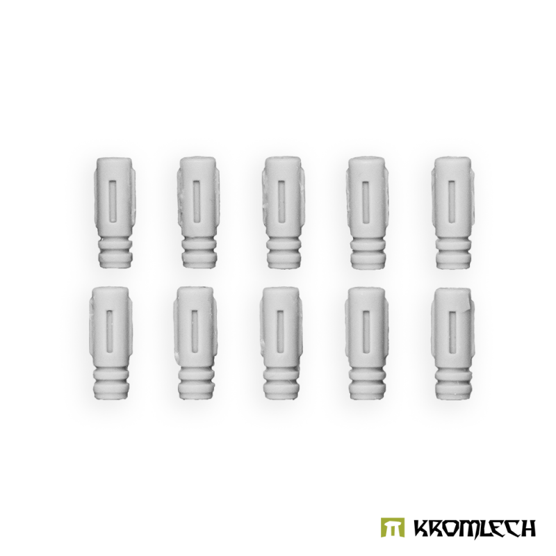 Ten Kromlech Legionary Thunder Gun Suppressors Mk1 in pale resin, each with a long slot down the side