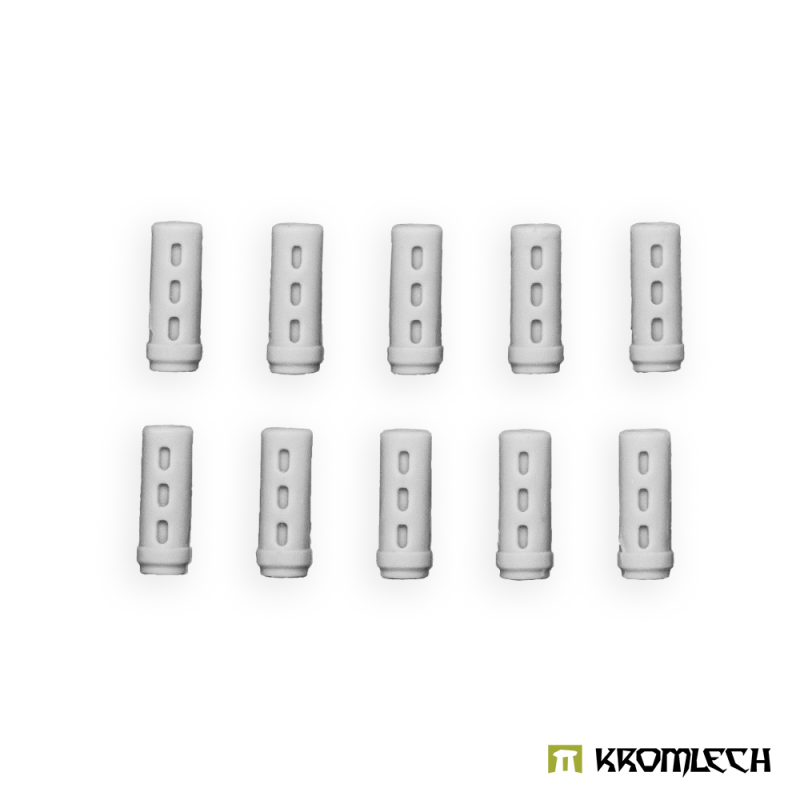 Ten Kromlech Legionary Thunder Gun Suppressors Mk2 in pale resin, each pierced by three oval vents