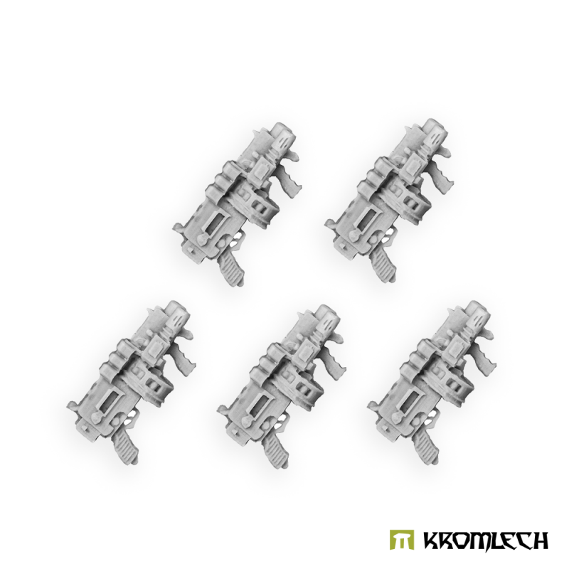 Five Kromlech Legionary Thunder Guns with side-barrel Magma Rifle in pale resin, laid out diagonally