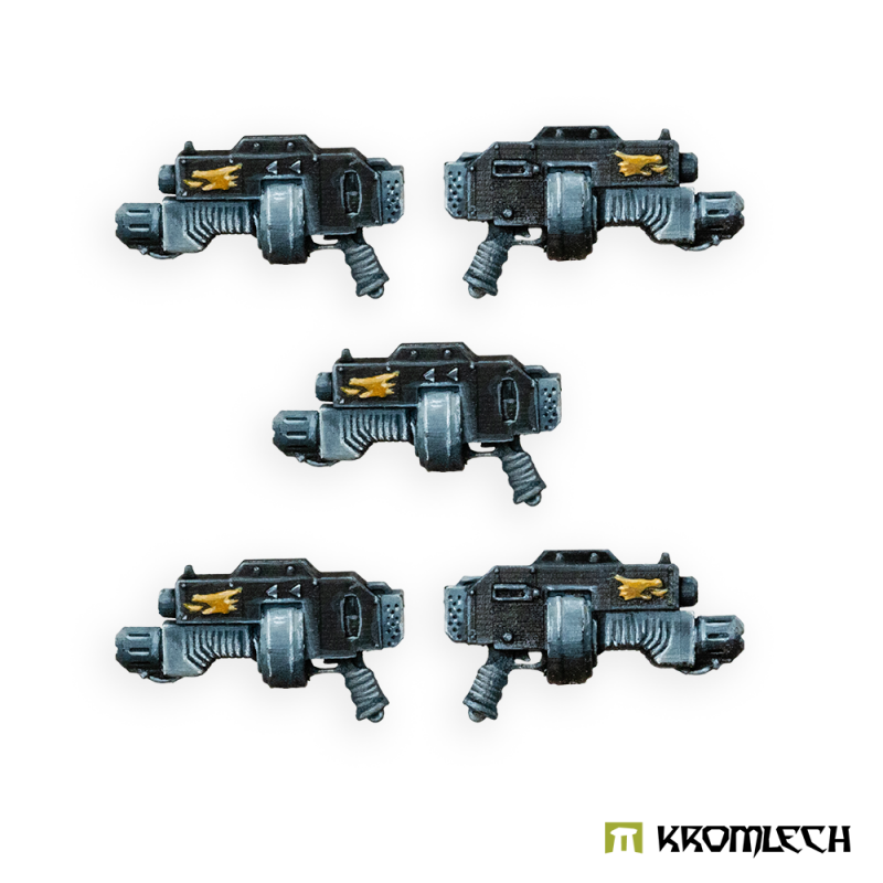 The five guns painted in steel blue with gold markings