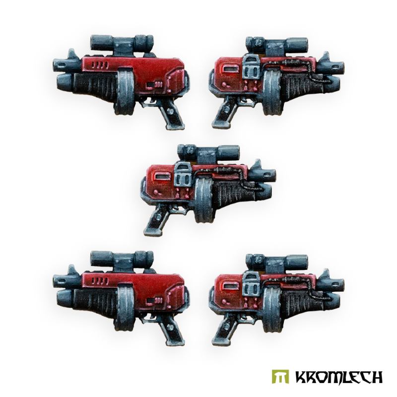 The five guns painted red with dark metal barrels and scopes