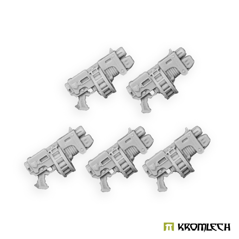 Five Kromlech Legionary Thunder Guns with under-barrel plasma gun in pale resin, laid out diagonally
