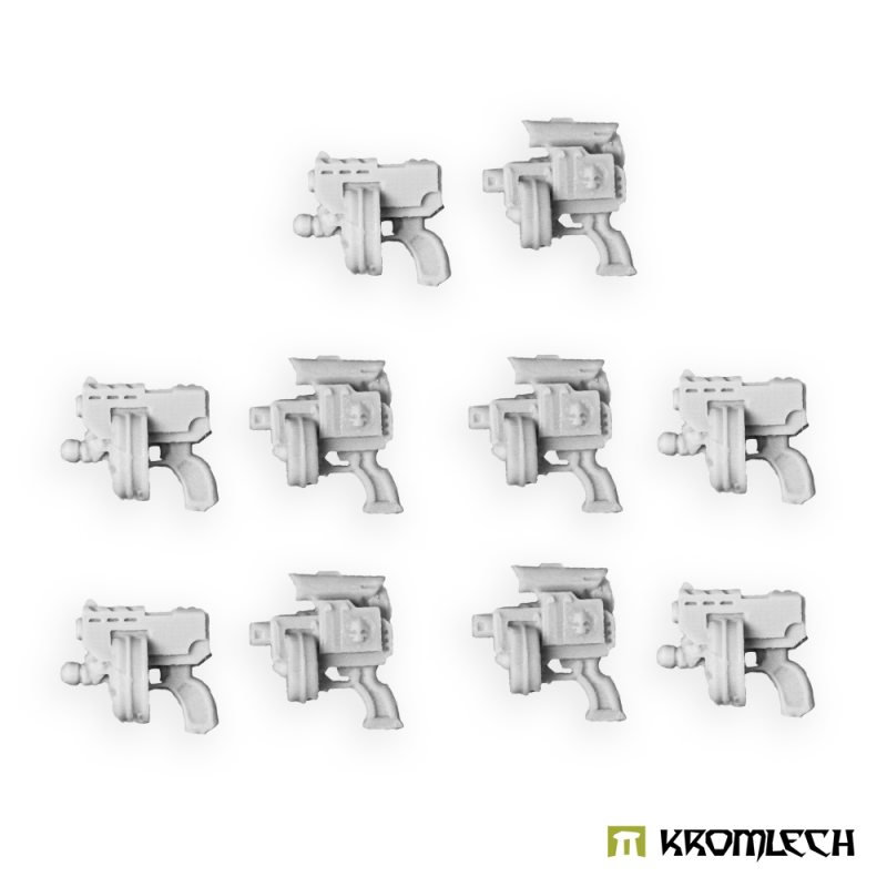 Ten Kromlech Legionary Thunder Pistols in pale resin, two patterns