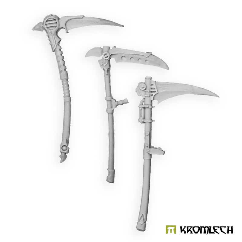 Three Kromlech Legionary Vibro Scythes in pale resin, each a different pattern