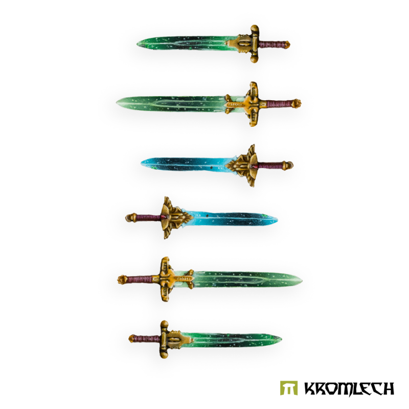 Six Kromlech Legionary Vibro Swords painted with glowing green and blue blades and gold hilts