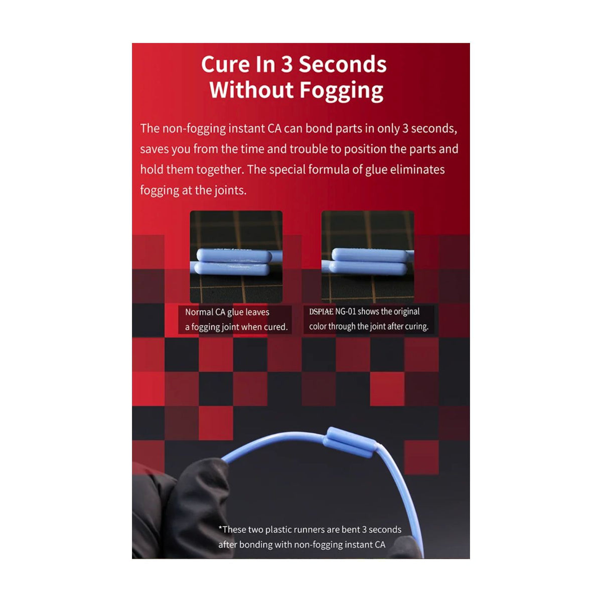 DSPIAE panel for the thinner NG-01 glue, not LG-02: a fogged CA joint next to a clear NG-01 joint on blue plastic