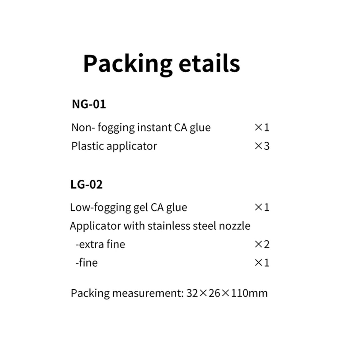 DSPIAE packing details for NG-01 and LG-02: three plastic applicators with NG-01, steel-nozzle applicators with LG-02