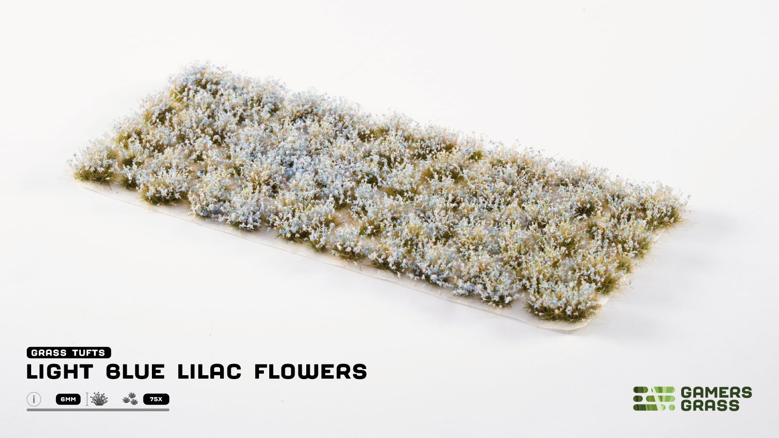 Close-up sheet of GamersGrass Light Blue Lilac Flowers – 75 tufts in assorted sizes for hobby basing and scenery