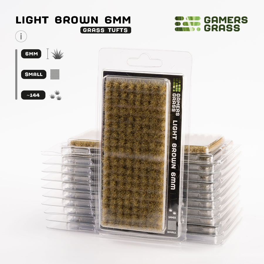 Gamers Grass Light Brown 6mm - Small packaging, showcasing product details and arid landscape imagery