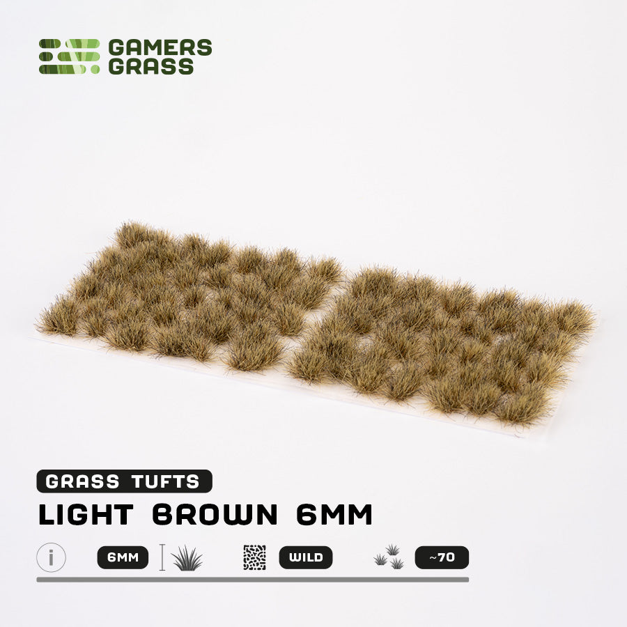 Sheet of 70 Light Brown 6mm - Wild tufts, displaying various shapes and sizes of realistic dark brown and beige grass tufts ready for application