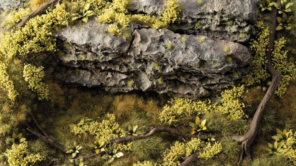 Gamers Grass Light Green Shrubs used on scenic diorama with rocks and vegetation