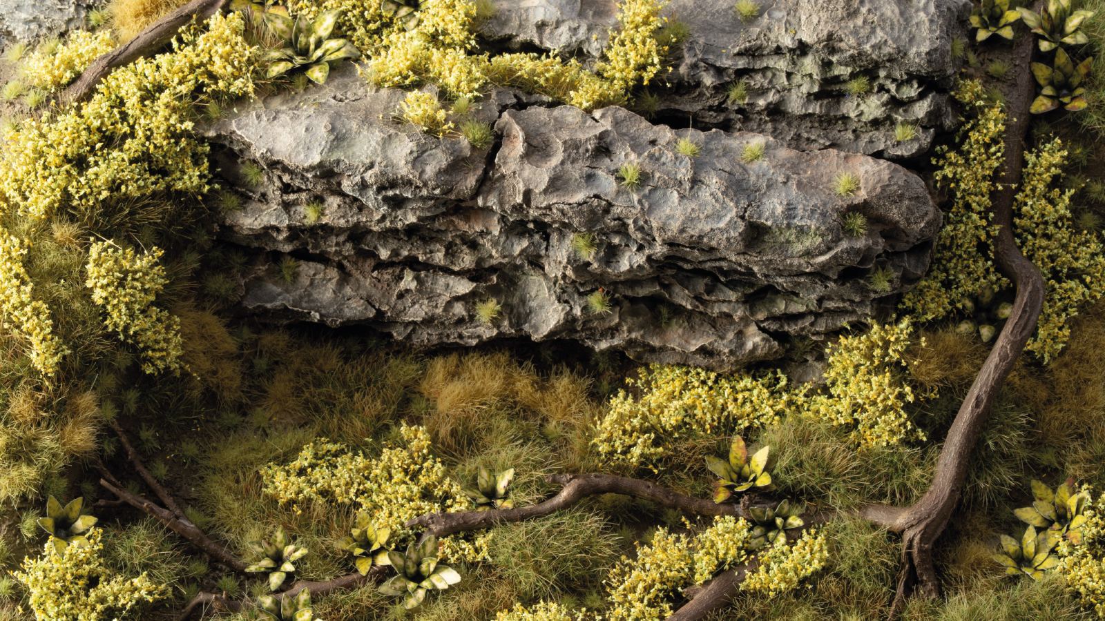 Gamers Grass Light Green Shrubs used on scenic diorama with rocks and vegetation
