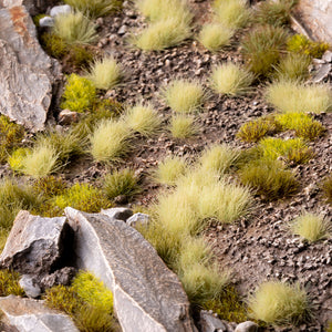 Spring-inspired diorama featuring Light Green 6mm Small Tufts, showcasing vibrant ground cover in a lush meadow scene.