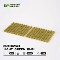 Sheet of approximately 144 Light Green 6mm Small Tufts, showcasing various shapes and sizes of vibrant, young grass tufts
