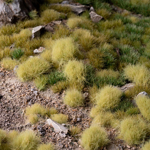 Diverse diorama featuring Light Green XL 12mm - Wild XL Tufts, showcasing a realistic landscape with varied terrain including meadows, transitional areas, and wetland edges, demonstrating the product's versatility in creating natural, multi-dimensional scenes