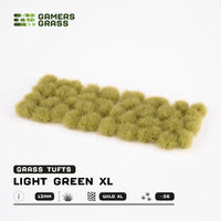 Sheet of 36 Light Green XL 12mm - Wild XL Tufts, displaying various shapes of tall, blended green and beige grass tufts ready for diverse terrain applications
