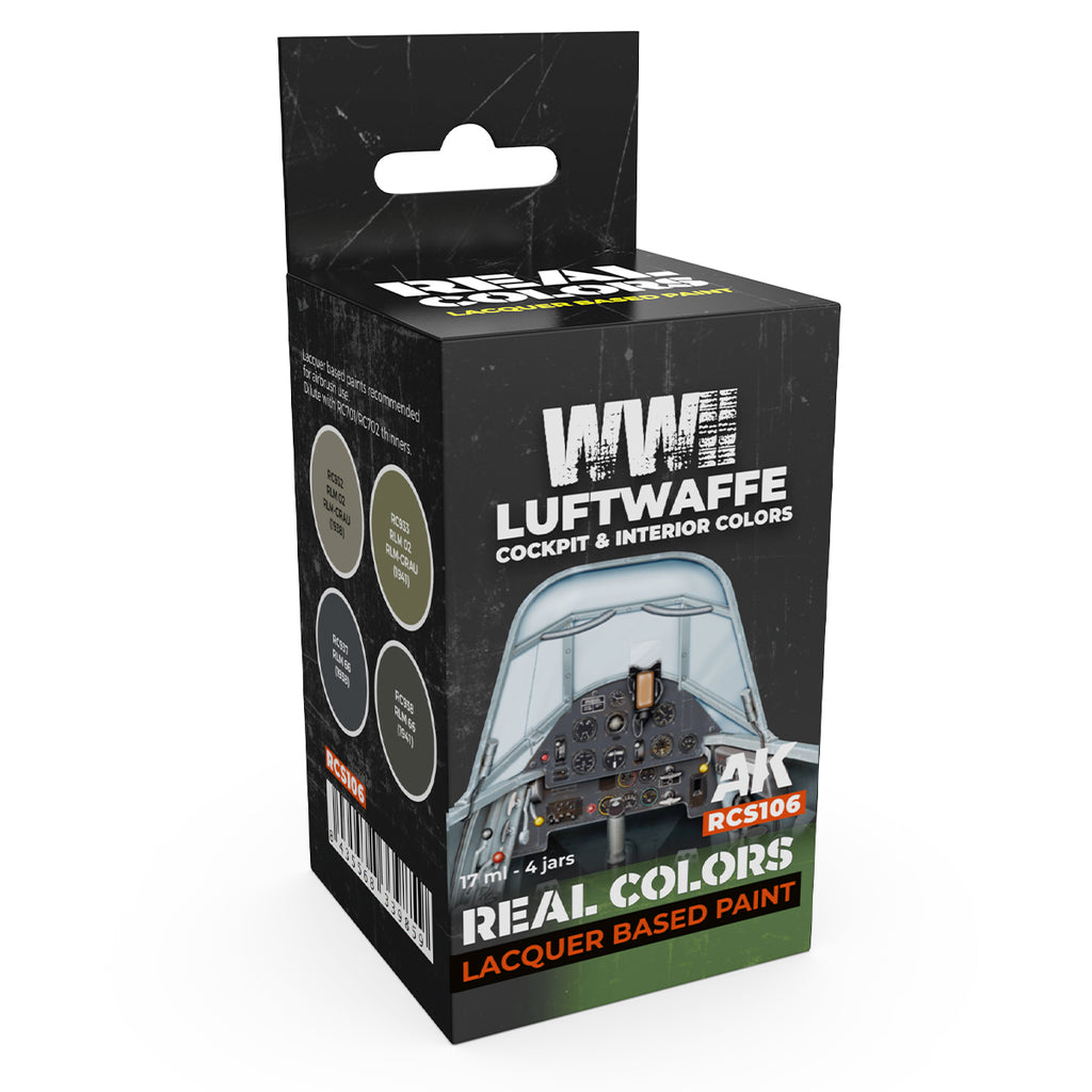 AK Interactive Real Colors Luftwaffe Cockpit & Interior RCS106 box with four 17 ml lacquer paint bottles