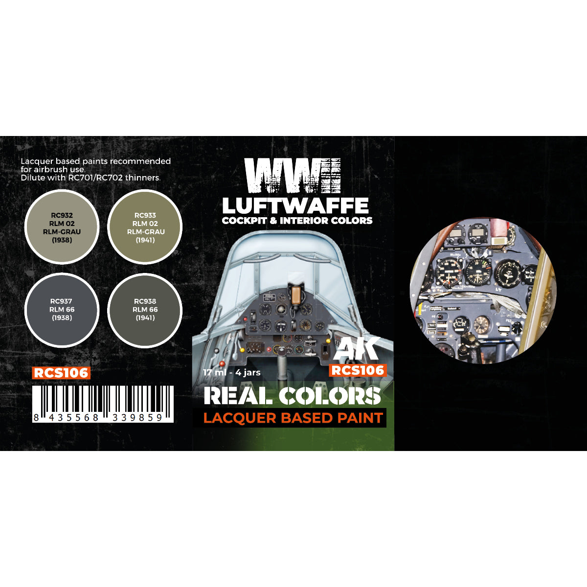 Color swatches of the four Luftwaffe interior paints included in the RCS106 set: two variants each of RLM 02 and RLM 66 from 1938 and 1941, with detailed labels