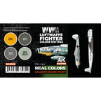Color swatches of the four Luftwaffe fighter paints included in the RCS105 set: RLM 04, 74, 75, and 76, with detailed labels showing their application on aircraft