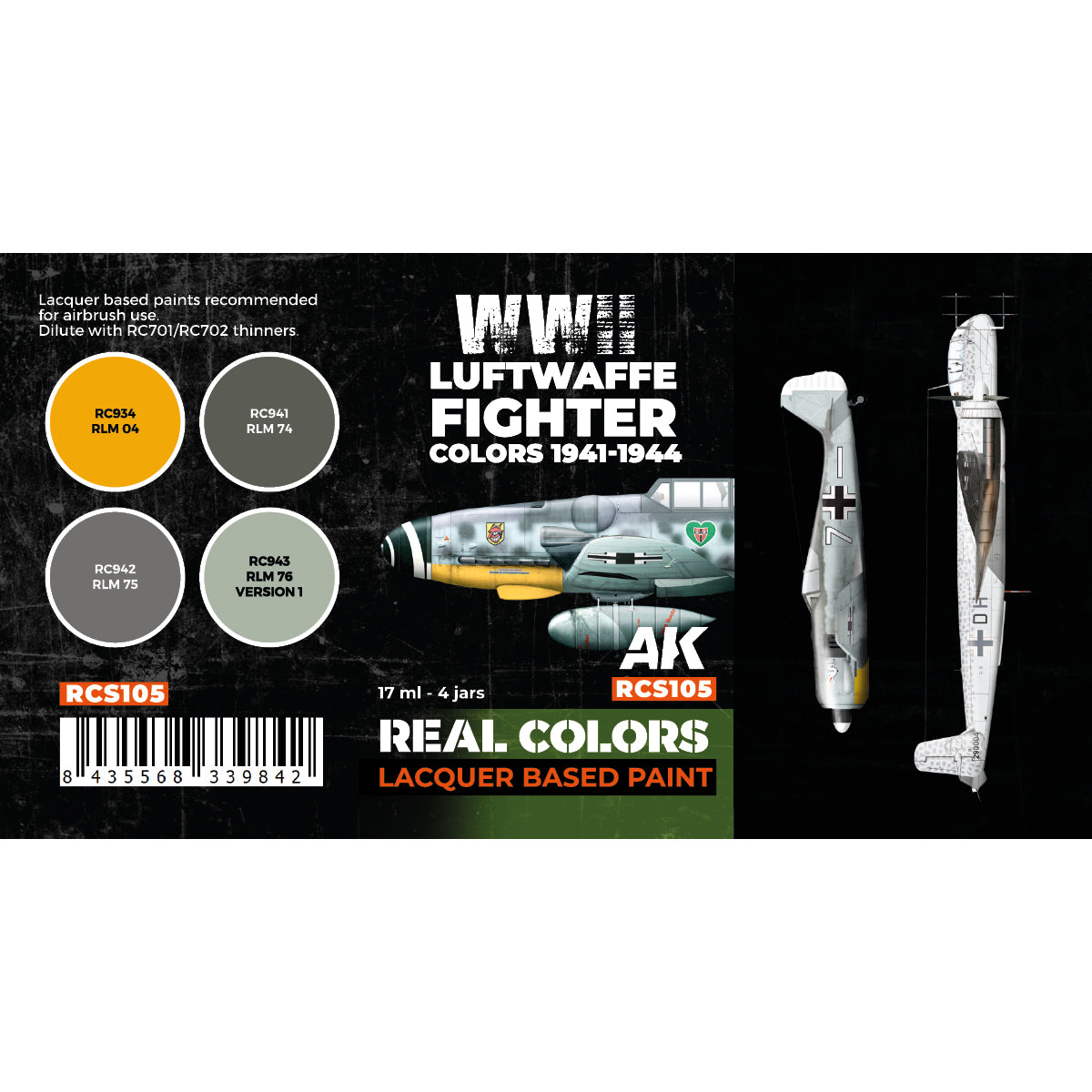 Color swatches of the four Luftwaffe fighter paints included in the RCS105 set: RLM 04, 74, 75, and 76, with detailed labels showing their application on aircraft
