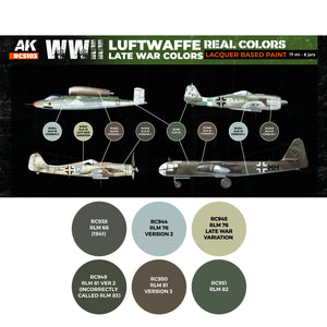 Color swatches of the six Luftwaffe late-war paints included in the RCS103 set: RLM 66, two versions of RLM 76, two versions of RLM 81, and RLM 82, with detailed labels