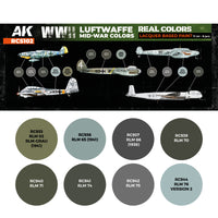 Color swatches of the eight Luftwaffe mid-war paints included in the RCS102 set: RLM 02, 65, 66, 70, 71, 74, 75, and 76, with corresponding labels
