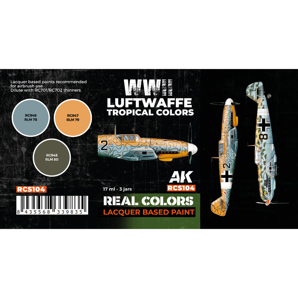 Color swatches of the three Luftwaffe tropical paints included in the RCS104 set: RLM 78, RLM 79, and RLM 80, with detailed labels showing their application on aircraft